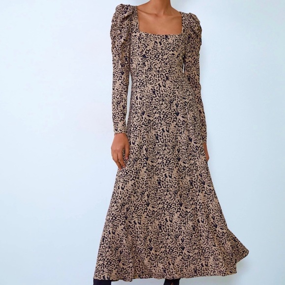 Zara Dresses & Skirts - Zara Leopard Midi Long Sleeve Dress | Size XXL